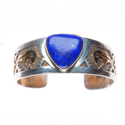 6.6" Dina Huntinghorse 14k gold/sterling silver Lapis cuff bracelet Kiowa