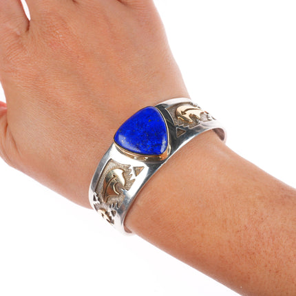 6.6" Dina Huntinghorse 14k gold/sterling silver Lapis cuff bracelet Kiowa