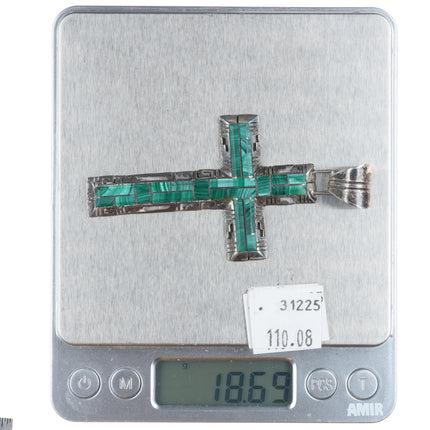 Sam Arviso Navajo sterling silver malachite channel inlay cross pendant