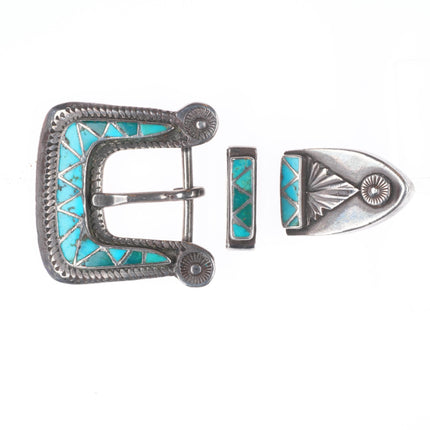 40's-50's Zuni sterling silver turquoise channel inlay ranger belt buckle set
