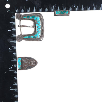 40's-50's Zuni sterling silver turquoise channel inlay ranger belt buckle set
