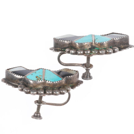 40's-50's Zuni sterling silver turquoise/shell channel inlay screw back earrings