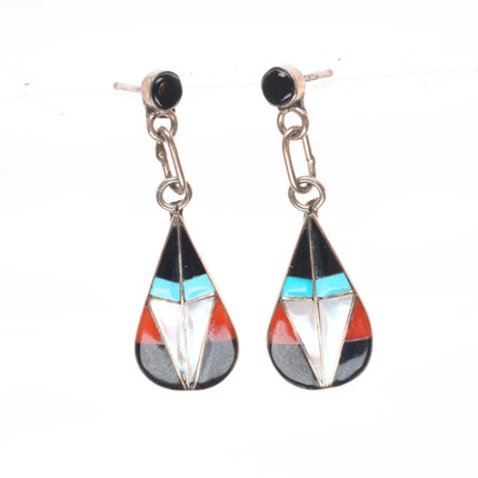 Vintage RK Zuni sterling silver multi-stone channel inlay dangle earrings