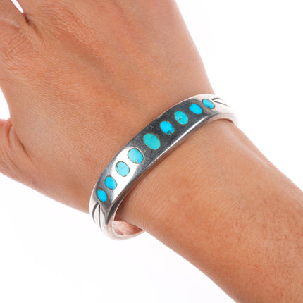 6.5" 40's-50's Vintage Zuni sturdy sterling silver inlay turquoise cuff bracelet