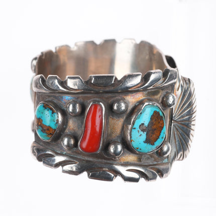 7" Pilot Mountain turquoise/coral Navajo sterling silver watch cuff bracelet