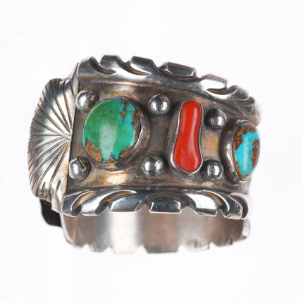 7" Pilot Mountain turquoise/coral Navajo sterling silver watch cuff bracelet