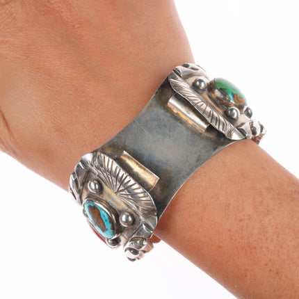 7" Pilot Mountain turquoise/coral Navajo sterling silver watch cuff bracelet