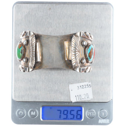 7" Pilot Mountain turquoise/coral Navajo sterling silver watch cuff bracelet