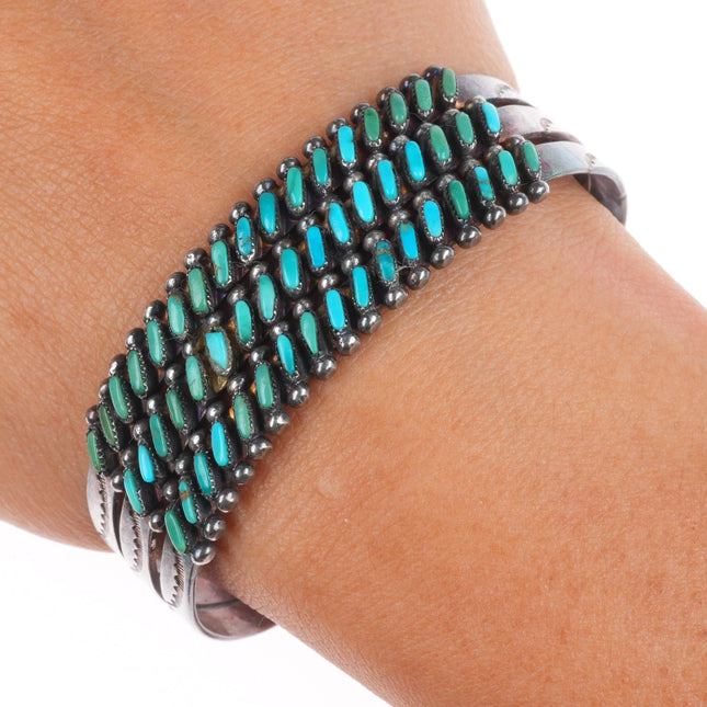 6.25" 1940's Zun sterling silver 3 slant row turquoise petit point cuff bracelet