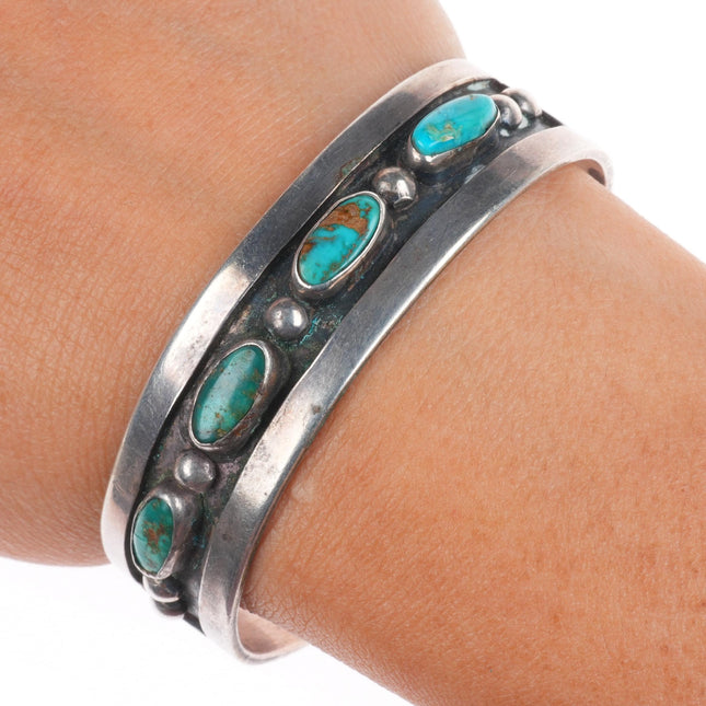 6.25" 1950's Southwestern Modernist sterling silver turquoise row cuff bracelet
