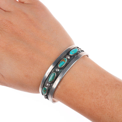 6.25" 1950's Southwestern Modernist sterling silver turquoise row cuff bracelet