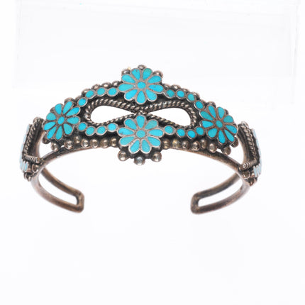 6.5" 40's-50's Vintage Dishta Zuni sterling silver inlay turquoise cuff bracelet