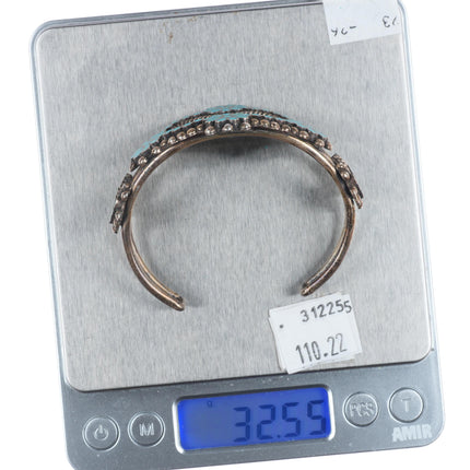 6.5" 40's-50's Vintage Dishta Zuni sterling silver inlay turquoise cuff bracelet