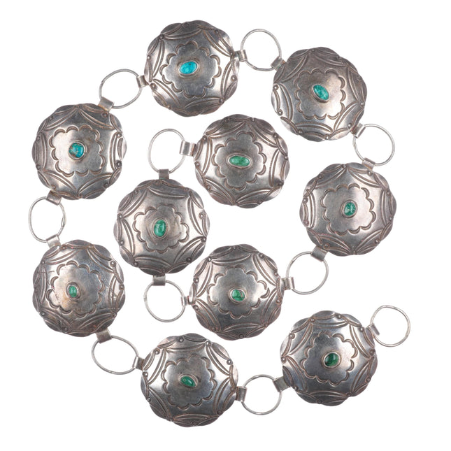 c1940 Large/Heavy Navajo hand stamped sterling silver link concho belt turquoise