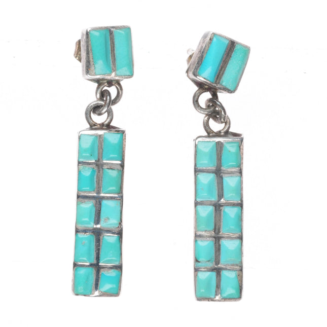 Vintage Zuni sterling silver bumped out carved turquoise channel inlay earrings