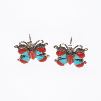 Zuni sterling silver turquoise/coral intarsia inlay butterfly earrings