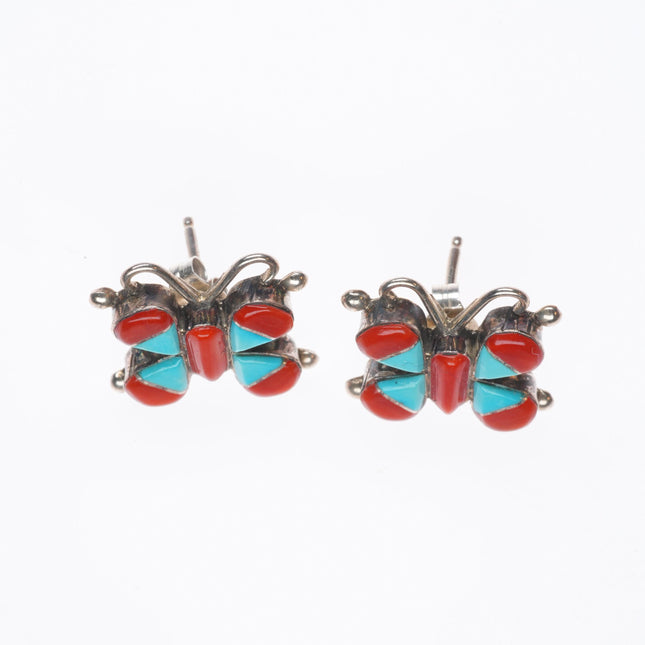 Zuni sterling silver turquoise/coral intarsia inlay butterfly earrings