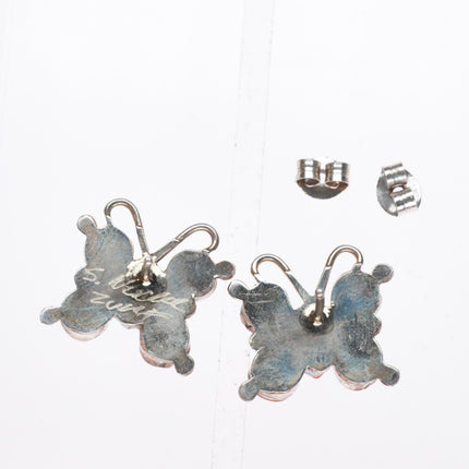 Zuni sterling silver turquoise/coral intarsia inlay butterfly earrings