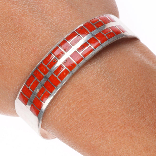 6.1" Vintage Chapito Zuni sterling silver coral channel inlay cuff bracelet