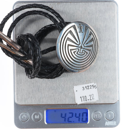 Vintage G Navajo or Hopi sterling silver "Man in the Maze" bolo tie