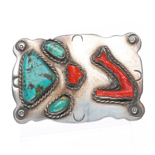 Vintage Navajo sterling silver, turquoise, branch coral belt buckle