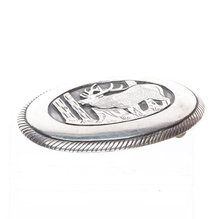 Vintage Tom Bahe Navajo sterling silver elk belt buckle overlay style