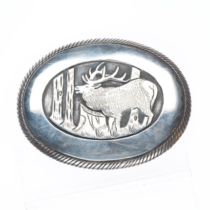 Vintage Tom Bahe Navajo sterling silver elk belt buckle overlay style