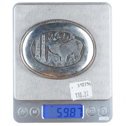 Vintage Tom Bahe Navajo sterling silver elk belt buckle overlay style