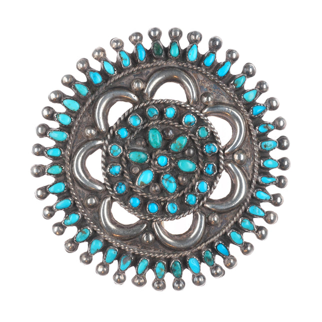 40's-50's Large Zuni needlepoint turquoise sterling silver repousse pin/brooch