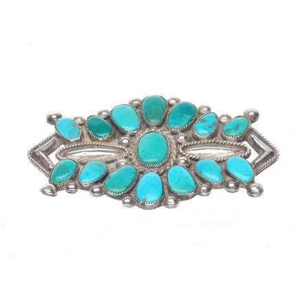 c1930's Zuni ingot/sterling silver turquoise cluster pin w/repousse/wirework
