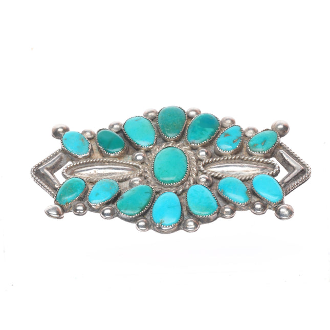 c1930's Zuni ingot/sterling silver turquoise cluster pin w/repousse/wirework