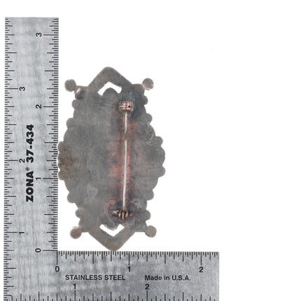 c1930's Zuni ingot/sterling silver turquoise cluster pin w/repousse/wirework