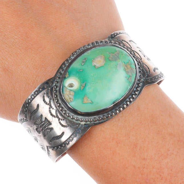 6.5" c1940's Large Fred Harvey sterling silver cuff bracelet green turquoise