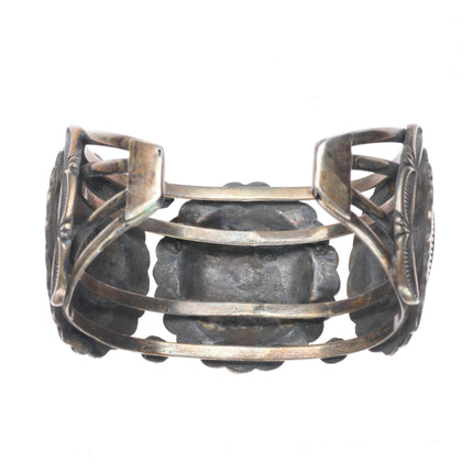 7" Vintage Navajo sterling silver hand stamped concho cuff bracelet w/turquoise