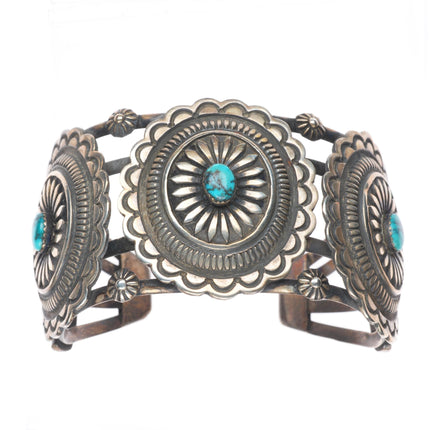 7" Vintage Navajo sterling silver hand stamped concho cuff bracelet w/turquoise