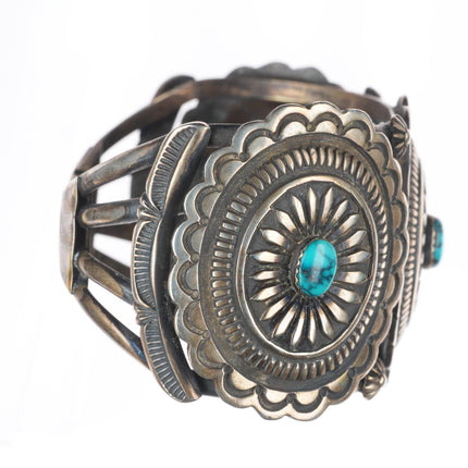 7" Vintage Navajo sterling silver hand stamped concho cuff bracelet w/turquoise