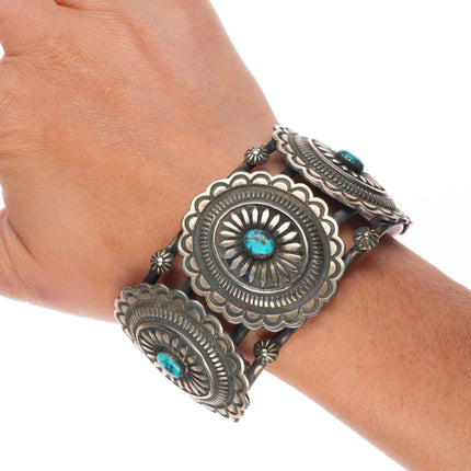 7" Vintage Navajo sterling silver hand stamped concho cuff bracelet w/turquoise