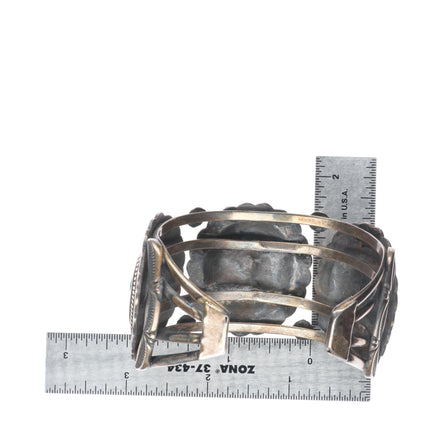 7" Vintage Navajo sterling silver hand stamped concho cuff bracelet w/turquoise