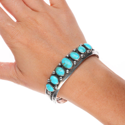 7" Vintage Navajo c1940's sterling silver carinated turquoise row cuff bracelet
