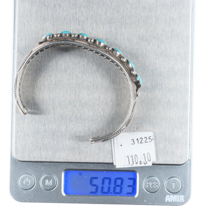 7" Vintage Navajo c1940's sterling silver carinated turquoise row cuff bracelet