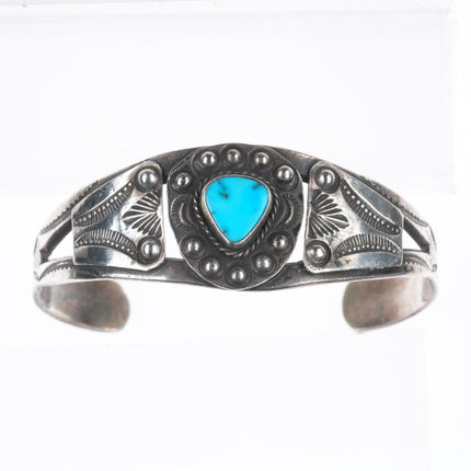 6.5" c1940's vintage Navajo sterling silver turquoise hand stamped cuff bracelet