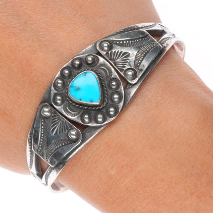 6.5" c1940's vintage Navajo sterling silver turquoise hand stamped cuff bracelet