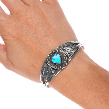 6.5" c1940's vintage Navajo sterling silver turquoise hand stamped cuff bracelet