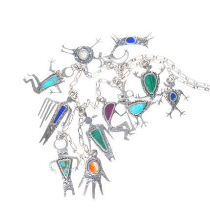 28" Dee Morris southwestern Sterling silver Petroglyph multistone charm necklace