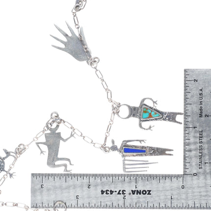 28" Dee Morris southwestern Sterling silver Petroglyph multistone charm necklace