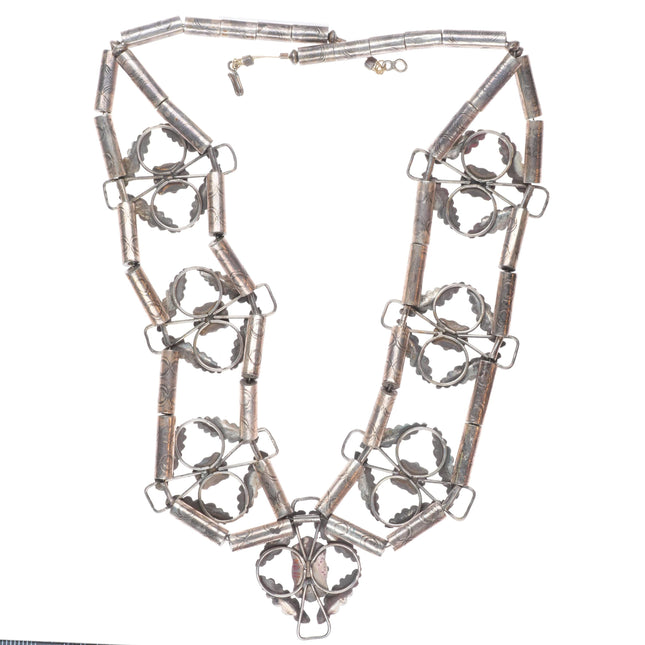 Vintage Navajo sterling silver stamped tube beads coral squash blossom necklace