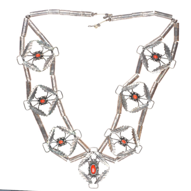 Vintage Navajo sterling silver stamped tube beads coral squash blossom necklace
