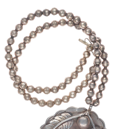 22" Large Vintage Navajo sterling silver deer pendant beaded necklace turquoise