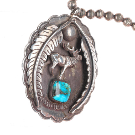 22" Large Vintage Navajo sterling silver deer pendant beaded necklace turquoise