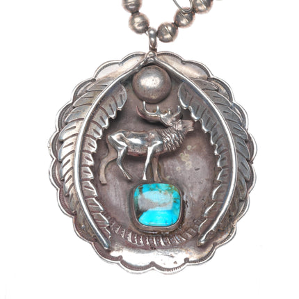 22" Large Vintage Navajo sterling silver deer pendant beaded necklace turquoise